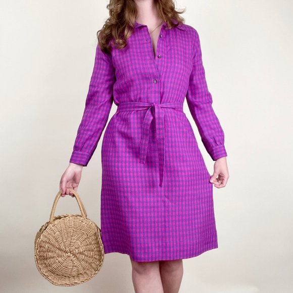 Vintage Dresses & Skirts - Vintage 100% Wool Plaid Check Midi Shirt Dress Long Sleeve Barbiecore Saturated